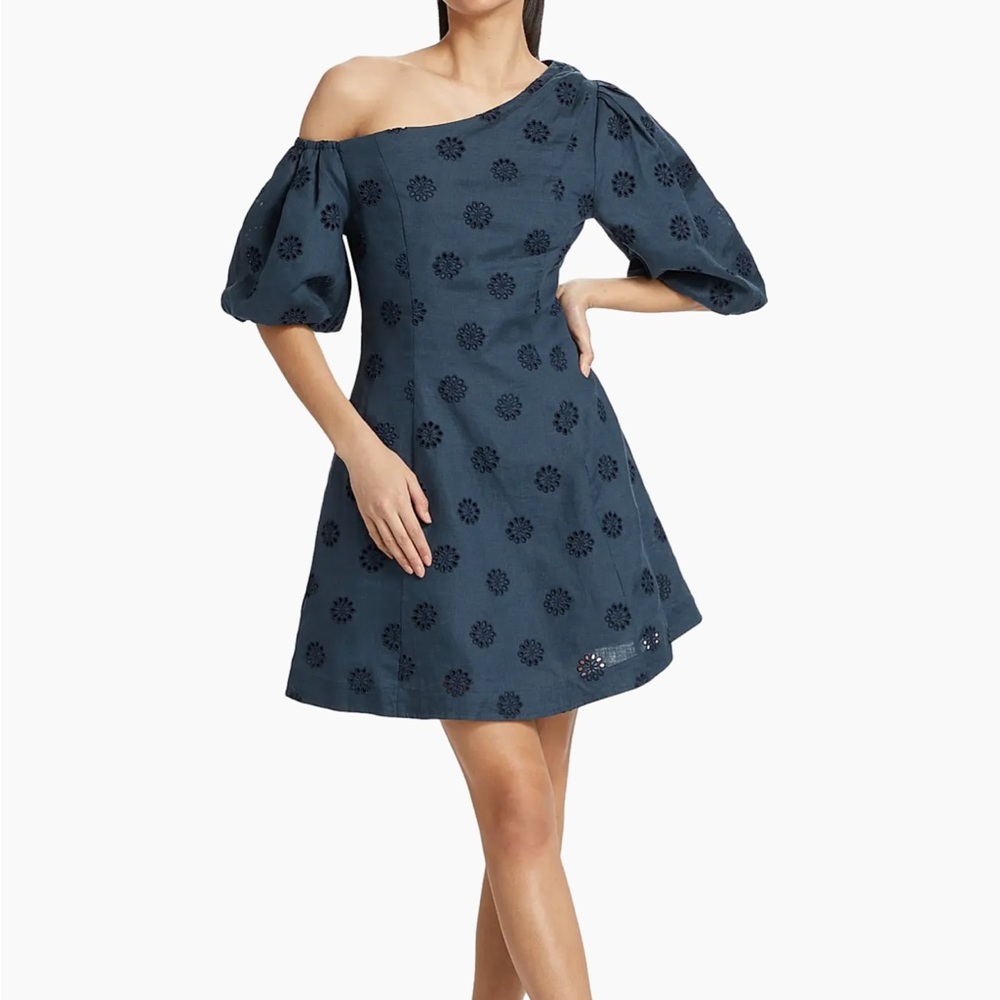 Figue Navy Blue Linen Flirty Boho Darcy Floral Eyelet Coastal
Mini Dress